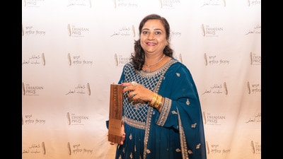 Deepti Babuta who won the Dhahan Prize for Punjabi literature in Surrey, British Columbia, Canada, on Thursday. (HT Photo) Deepti Babuta who won the Dhahan Prize for Punjabi literature in Surrey, British Columbia, Canada, on Thursday. (HT Photo)
