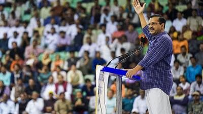 Delhi chief minister and AAP convener Arvind Kejriwal addresses a party workers’ congregation in New Delhi on Friday. (PTI) Delhi chief minister and AAP convener Arvind Kejriwal addresses a party workers’ congregation in New Delhi on Friday. (PTI)