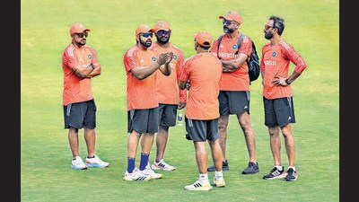 India’s captain Rohit Sharma, head coach Rahul Dravid, batting coach Vikram Rathour, bowling coach Paras Mhambrey, fielding coach T Dilip and others during a practice session in Ahmedabad on Friday. (PTI) India’s captain Rohit Sharma, head coach Rahul Dravid, batting coach Vikram Rathour, bowling coach Paras Mhambrey, fielding coach T Dilip and others during a practice session in Ahmedabad on Friday. (PTI)