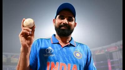 Mohammed Shami poses for a picture with the ball after India’s victory against New Zealand in their ICC Men’s Cricket World Cup 2023 semi-final match, at Wankhede Stadium in Mumbai on Wednesday. (ANI Photo) Mohammed Shami poses for a picture with the ball after India’s victory against New Zealand in their ICC Men’s Cricket World Cup 2023 semi-final match, at Wankhede Stadium in Mumbai on Wednesday. (ANI Photo)