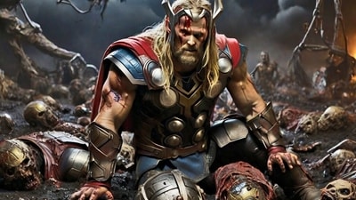 Thor sits in a pile of blood and mortal remains after destroying his once beloved planet Asgard (Illustration: Anurag Mehra/ HT)