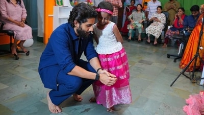 Naga Chaitanya with a child in Hyderabad. Naga Chaitanya with a child in Hyderabad.