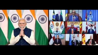 Prime Minister Narendra Modi at the Voice of Global South Summit on Friday. (ANI) Prime Minister Narendra Modi at the Voice of Global South Summit on Friday. (ANI)