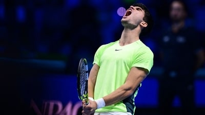 Spain's Carlos Alcaraz celebrates after winning against Russia's Daniil Medvedev during their first round-robin match at the ATP Finals tennis tournament in Turin on November 17 (AFP) Spain's Carlos Alcaraz celebrates after winning against Russia's Daniil Medvedev during their first round-robin match at the ATP Finals tennis tournament in Turin on November 17 (AFP)