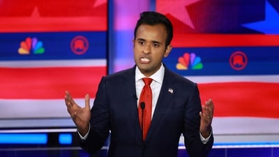 MIAMI, FLORIDA - NOVEMBER 08: Republican presidential candidate Vivek Ramaswamy speaks during the NBC News Republican Presidential Primary Debate at the Adrienne Arsht Center for the Performing Arts of Miami-Dade County on November 8, 2023 in Miami, Florida. (Getty Images via AFP) MIAMI, FLORIDA - NOVEMBER 08: Republican presidential candidate Vivek Ramaswamy speaks during the NBC News Republican Presidential Primary Debate at the Adrienne Arsht Center for the Performing Arts of Miami-Dade County on November 8, 2023 in Miami, Florida. (Getty Images via AFP)