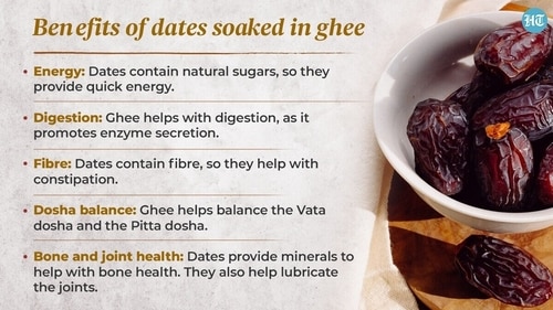 Soaking dates with ghee can provide a variety of health benefits as per Ayurveda. Soaking dates with ghee can provide a variety of health benefits as per Ayurveda.