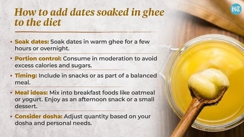 Dates can be soaked in warm ghee overnight or for few hours Dates can be soaked in warm ghee overnight or for few hours
