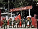 Members of the Myanmar National Democratic Alliance Army pose for a photograph in front of the seized army's infantry battalion in Kunlong township in Shan state, Myanmar on Nov. 12. (AP) Members of the Myanmar National Democratic Alliance Army pose for a photograph in front of the seized army's infantry battalion in Kunlong township in Shan state, Myanmar on Nov. 12. (AP)