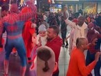 ‘Spider-Man’ grooving to ‘Maha Harinam’ with Sankirtan devotees at Times Square in New York. 
