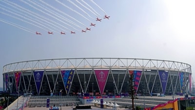 Indian Air Force's Surya Kiran aerobatic team flies past during rehearsal at the Narendra Modi Stadium ahead of the India vs Australia ICC Mens 2023 World Cup Final, in Ahmedabad on Friday. (ANI)