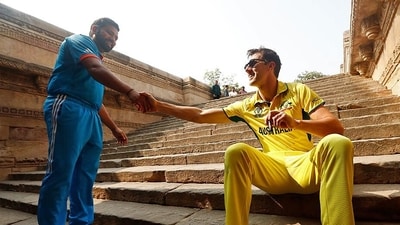 India Captain Rohit Sharma and Australia Captain Pat Cummins during their visit to Adalaj Stepwell for the ICC Men's Cricket World Cup 2023 trophy photoshoot ahead of their final match, in Gandhinagar on Saturday. (ICC/X) India Captain Rohit Sharma and Australia Captain Pat Cummins during their visit to Adalaj Stepwell for the ICC Men's Cricket World Cup 2023 trophy photoshoot ahead of their final match, in Gandhinagar on Saturday. (ICC/X)