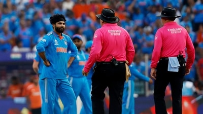 India's Ravindra Jadeja looks at on-field umpires Richard Illingworth (extreme right) and Marais Erasmus (REUTERS)