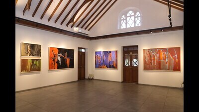 Chavan has expressed his thoughts on 75 canvasses, marking the years of Independence and completed in over two years, 51 are on display at Vesavar Art Gallery. (HT PHOTO) Chavan has expressed his thoughts on 75 canvasses, marking the years of Independence and completed in over two years, 51 are on display at Vesavar Art Gallery. (HT PHOTO)
