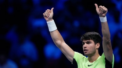 Spain's Carlos Alcaraz celebrates after winning the singles tennis match against Russia's Daniil Medvedev, of the ATP World Tour Finals (AP) Spain's Carlos Alcaraz celebrates after winning the singles tennis match against Russia's Daniil Medvedev, of the ATP World Tour Finals (AP)