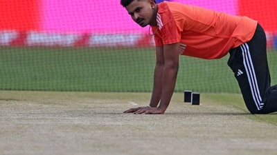 Shreyas Iyer during a practice session at Narendra Modi Stadium in Ahmedabad on Saturday. (AFP) Shreyas Iyer during a practice session at Narendra Modi Stadium in Ahmedabad on Saturday. (AFP)
