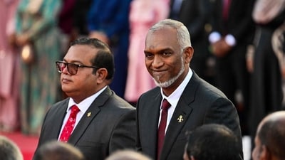 Maldives' president-elect Mohamed Muizzu (R) arrives for his inauguration ceremony in Male on November 17, 2023. (AFP) Maldives' president-elect Mohamed Muizzu (R) arrives for his inauguration ceremony in Male on November 17, 2023. (AFP)
