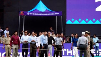 SPG officials visit the ground ahead of the Cricket World Cup final match between India and Australia, at the Narendra Modi Stadium, in Ahmedabad (PTI) SPG officials visit the ground ahead of the Cricket World Cup final match between India and Australia, at the Narendra Modi Stadium, in Ahmedabad (PTI)