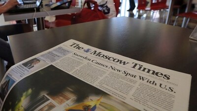 A copy of The Moscow Times newspaper is seen at a cafe in Sheremetyevo airport, Moscow. (AP)