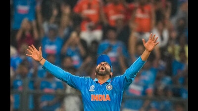 Sharma celebrates India’s semi-final win against New Zealand. (PTI) Sharma celebrates India’s semi-final win against New Zealand. (PTI)