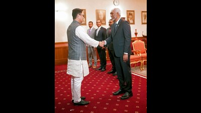 Union minister Kiren Rijiju with Maldives President Mohamed Muizzu on Saturday. (ANI) Union minister Kiren Rijiju with Maldives President Mohamed Muizzu on Saturday. (ANI)