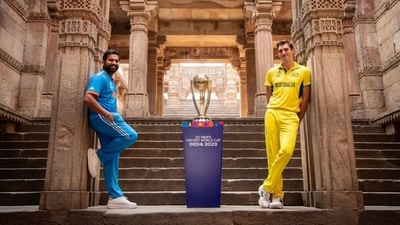 India’s captain, Rohit Sharma, and Australia’s captain, Pat Cummins, pose with the Cricket World Cup 2023 trophy. (X/@PiyushGoyal) India’s captain, Rohit Sharma, and Australia’s captain, Pat Cummins, pose with the Cricket World Cup 2023 trophy. (X/@PiyushGoyal)