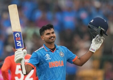 Shreyas Iyer celebrates his maiden World Cup century (PTI)
