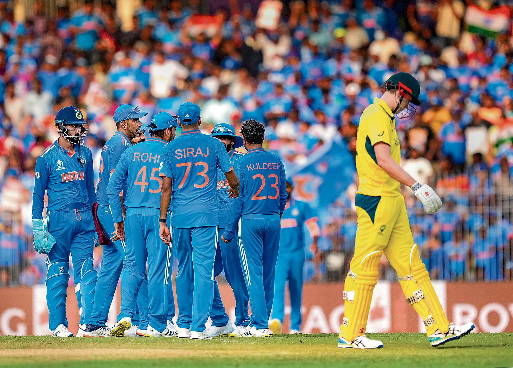 Winning against Australia in a group stage match, earlier in this tournament. ‘We want to take on the best. [India have] been the best in the tournament so far,’ as Australia’s Mitchell Starc put it, speaking of Sunday’s final. (PTI)