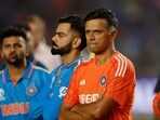 India coach Rahul Dravid and Virat Kohli look dejected during the presentation ceremony after losing the ICC Cricket World Cup final 