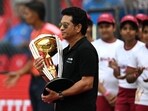 Sachin Tendulkar carried the World Cup trophy before the start of the first semi-final match between India and New Zealand at the Wankhede Stadium in Mumbai. Sachin Tendulkar carried the World Cup trophy before the start of the first semi-final match between India and New Zealand at the Wankhede Stadium in Mumbai.