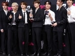 Stray Kids poses with the Best K-Pop award for S-Class at the 2023 MTV Video Music Awards.