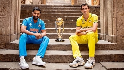 India Captain Rohit Sharma and Australia Captain Pat Cummins pose for a picture with the trophy ahead of their ICC Men's Cricket World Cup 2023 final match, at Adalaj Stepwell in Adalaj on Saturday. (ICC/X) India Captain Rohit Sharma and Australia Captain Pat Cummins pose for a picture with the trophy ahead of their ICC Men's Cricket World Cup 2023 final match, at Adalaj Stepwell in Adalaj on Saturday. (ICC/X)