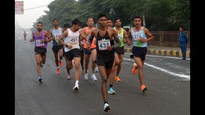 Athletes during the Indira Marathon in Prayagraj on November 19, 2023. (Anil Kumar Maurya/HT) Athletes during the Indira Marathon in Prayagraj on November 19, 2023. (Anil Kumar Maurya/HT)