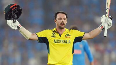 Australia's Travis Head celebrates after scoring a century during the Cricket World Cup final match against India at Narendra Modi Stadium in Ahmedabad on Sunday. (Image posted on X by ICC) Australia's Travis Head celebrates after scoring a century during the Cricket World Cup final match against India at Narendra Modi Stadium in Ahmedabad on Sunday. (Image posted on X by ICC)