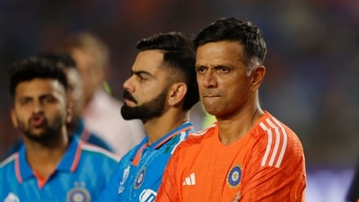 India coach Rahul Dravid and Virat Kohli look dejected during the presentation ceremony after losing the ICC Cricket World Cup final (REUTERS)