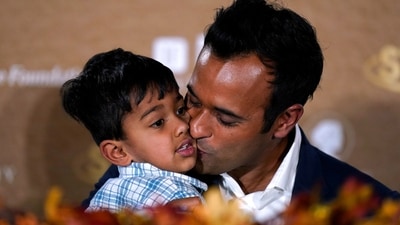 Republican presidential candidate businessman Vivek Ramaswamy kisses his three-year-old son Karthik during the Family Leader's Thanksgiving Family Forum on Friday, in Des Moines, Iowa. (AP Photo) Republican presidential candidate businessman Vivek Ramaswamy kisses his three-year-old son Karthik during the Family Leader's Thanksgiving Family Forum on Friday, in Des Moines, Iowa. (AP Photo)