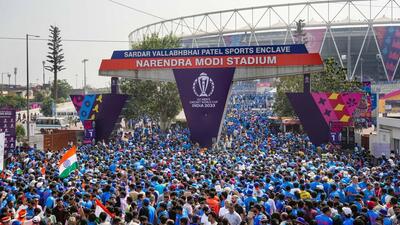Indian fans at the Narendra Modi Stadium in Ahmedabad on Sunday. (PTI)
