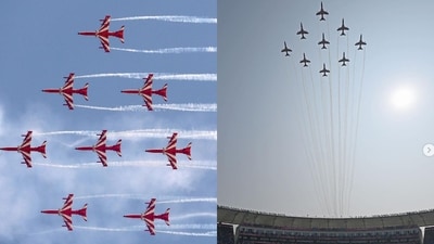 Ind vs Aus World Cup Final: Aerial show put up by Indian Air Force ahead of the match at the Narendra Modi Stadium. (Instagram/ICC) Ind vs Aus World Cup Final: Aerial show put up by Indian Air Force ahead of the match at the Narendra Modi Stadium. (Instagram/ICC)