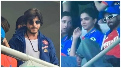 Shah Rukh Khan, Deepika Padukone and Ranveer Singh at the World Cup Final. Shah Rukh Khan, Deepika Padukone and Ranveer Singh at the World Cup Final.