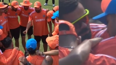 Rohit Sharma and Virat Kohli during the team huddle. Rohit Sharma and Virat Kohli during the team huddle.