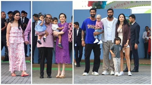 Isha Ambani, Mukesh Ambani and Nita Ambani with her kids and the Pandyas at the bash.