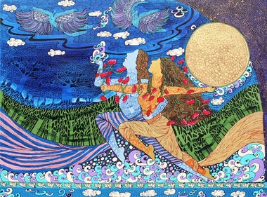 Artist Seema Kohli's painting, titled Striding Together, is created using acrylic and ink on canvas with 24 carat gold and silver leaf. Artist Seema Kohli's painting, titled Striding Together, is created using acrylic and ink on canvas with 24 carat gold and silver leaf.