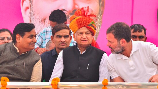 Churu: Congress leader Rahul Gandhi with Rajasthan Chief Minister Ashok Gehlot and party leader Govind Singh Dotasra during 'Congress Guarantee Rally' ahead of the State Assembly elections, at Taranagar in Churu district, Thursday, Nov. 16, 2023.