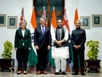 Defence minister Rajnath Singh and external affairs minister S Jaishankar with Australian deputy PM Richard Marles and foreign affairs minister Penny Wong in New Delhi on Monday. (PTI) Defence minister Rajnath Singh and external affairs minister S Jaishankar with Australian deputy PM Richard Marles and foreign affairs minister Penny Wong in New Delhi on Monday. (PTI)