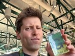 OpenAI Co-founder Sam Altman posing with a guest card at the OpenAI offices with a caption, 'first and last time I hold this'. OpenAI Co-founder Sam Altman posing with a guest card at the OpenAI offices with a caption, 'first and last time I hold this'.