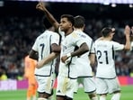 Real Madrid's Rodrygo celebrates scoring their fourth goal