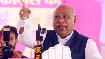 Congress President MalliKarjun Kharge addresses during an election public meeting for the Rajasthan assembly election, in Hanumangarh on Monday. (ANI Photo) Congress President MalliKarjun Kharge addresses during an election public meeting for the Rajasthan assembly election, in Hanumangarh on Monday. (ANI Photo)
