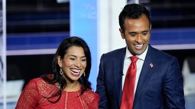 Vivek Ramaswamy and his wife Apoorva walks on stage after a Republican presidential primary debate hosted by NBC News, Nov. 8, 2023, at the Adrienne Arsht Center for the Performing Arts of Miami-Dade County in Miami (AP Photo/Rebecca Blackwell, File) (AP) Vivek Ramaswamy and his wife Apoorva walks on stage after a Republican presidential primary debate hosted by NBC News, Nov. 8, 2023, at the Adrienne Arsht Center for the Performing Arts of Miami-Dade County in Miami (AP Photo/Rebecca Blackwell, File) (AP)