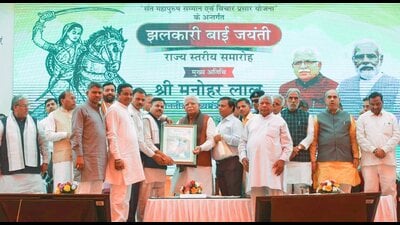 Haryana CM Manohar Lal Khattar at a state-level function to mark the birth anniversary of Jhalkari Bai in Palwal on Monday. (Photo: X)