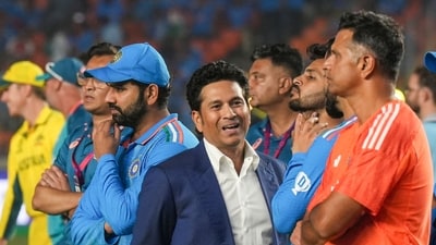 Sachin Tendulkar could be seen having a word with the Indian contingent after the match. (PTI) Sachin Tendulkar could be seen having a word with the Indian contingent after the match. (PTI)