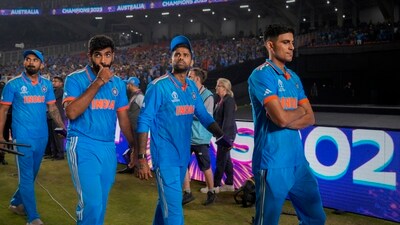India players Shubman Gill, Suryakumar Yadav, Jasprit Bumrah and KL Rahul during the presentation ceremony of the ICC Men's Cricket World Cup 2023 final (PTI)